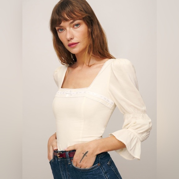 Reformation Amalie Tiered Square Neck Long Sleeve Top Embroidered Ivory | size 2 - Picture 4 of 12